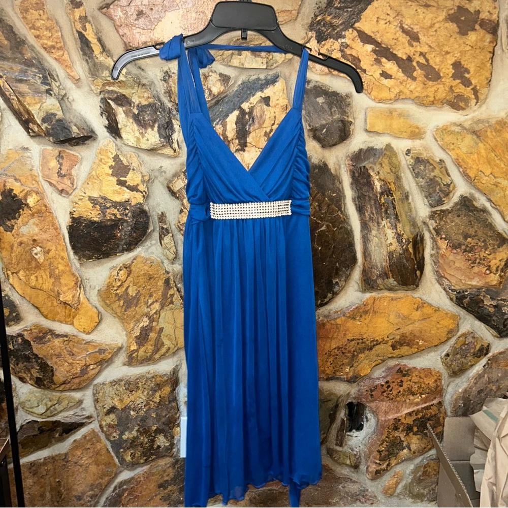 Beautiful Royal blue & rhinestone backless tea length dress. Sz 3/4